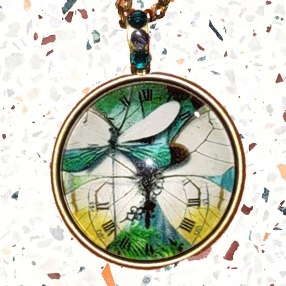 Dragonfly Cabochon In Glass Dome Pendant Necklace